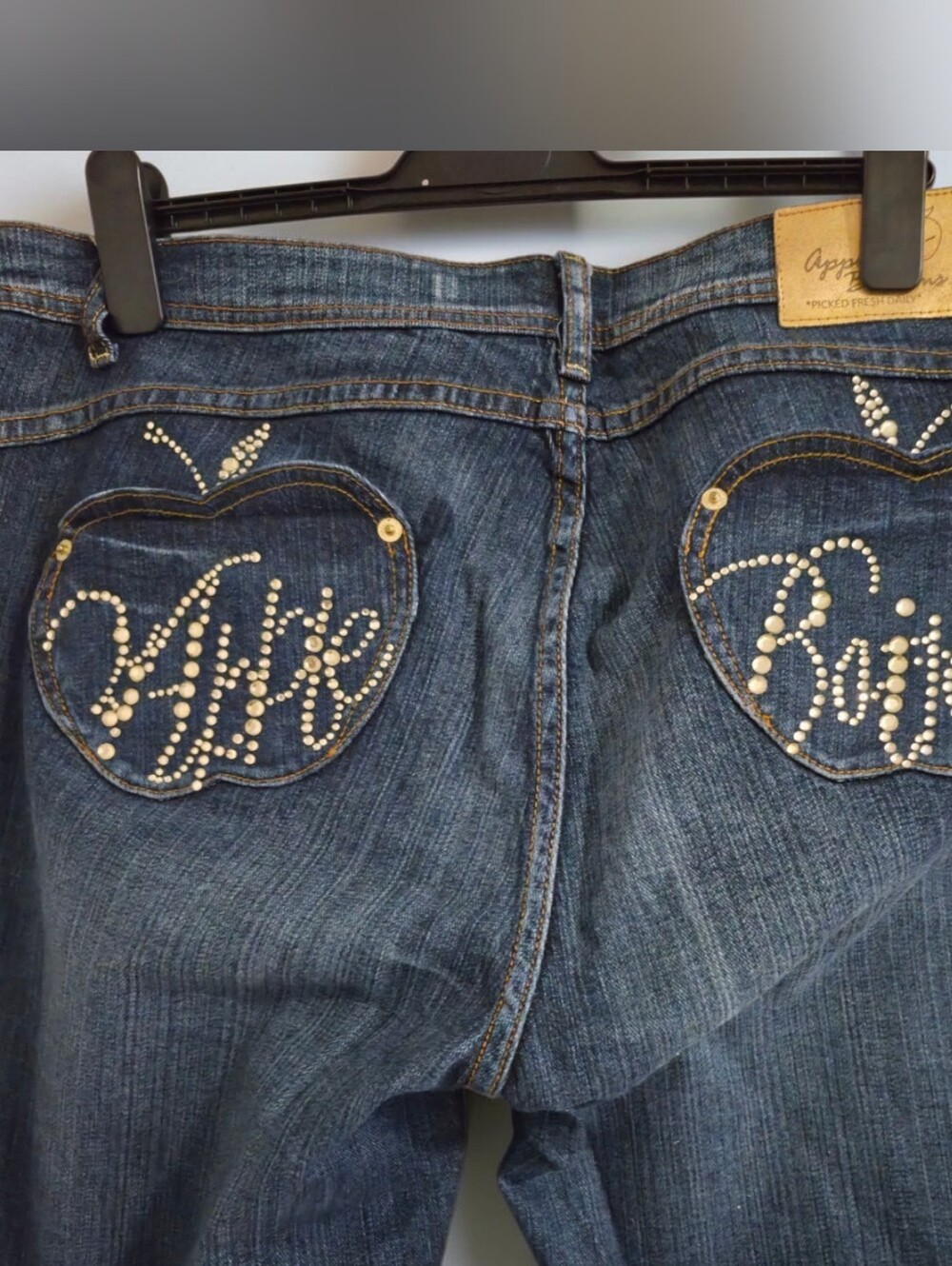Vintage Apple Bottoms Y2K Bootcut Jeans Size 15/16 Dark Wash Rhinestone Logo - Picture 3 of 9